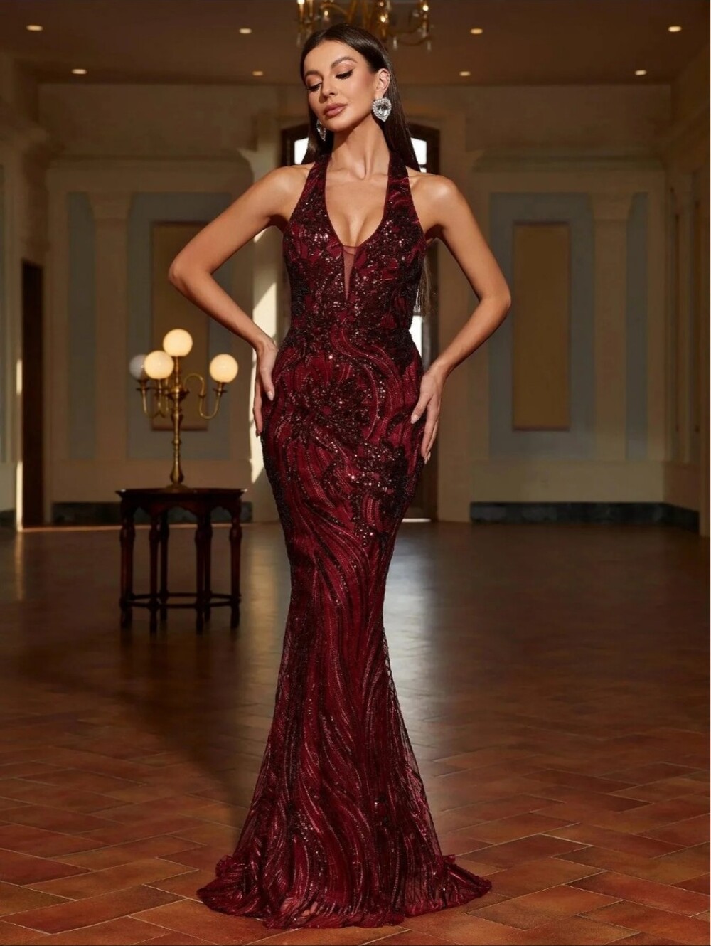 Sleeveless Burgundy Sequin Halter Prom Gown - Picture 13 of 16